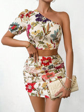 Women's Floral Print One Shoulder Short Puff Sleeve Top And Pleated Mini Skirt Set